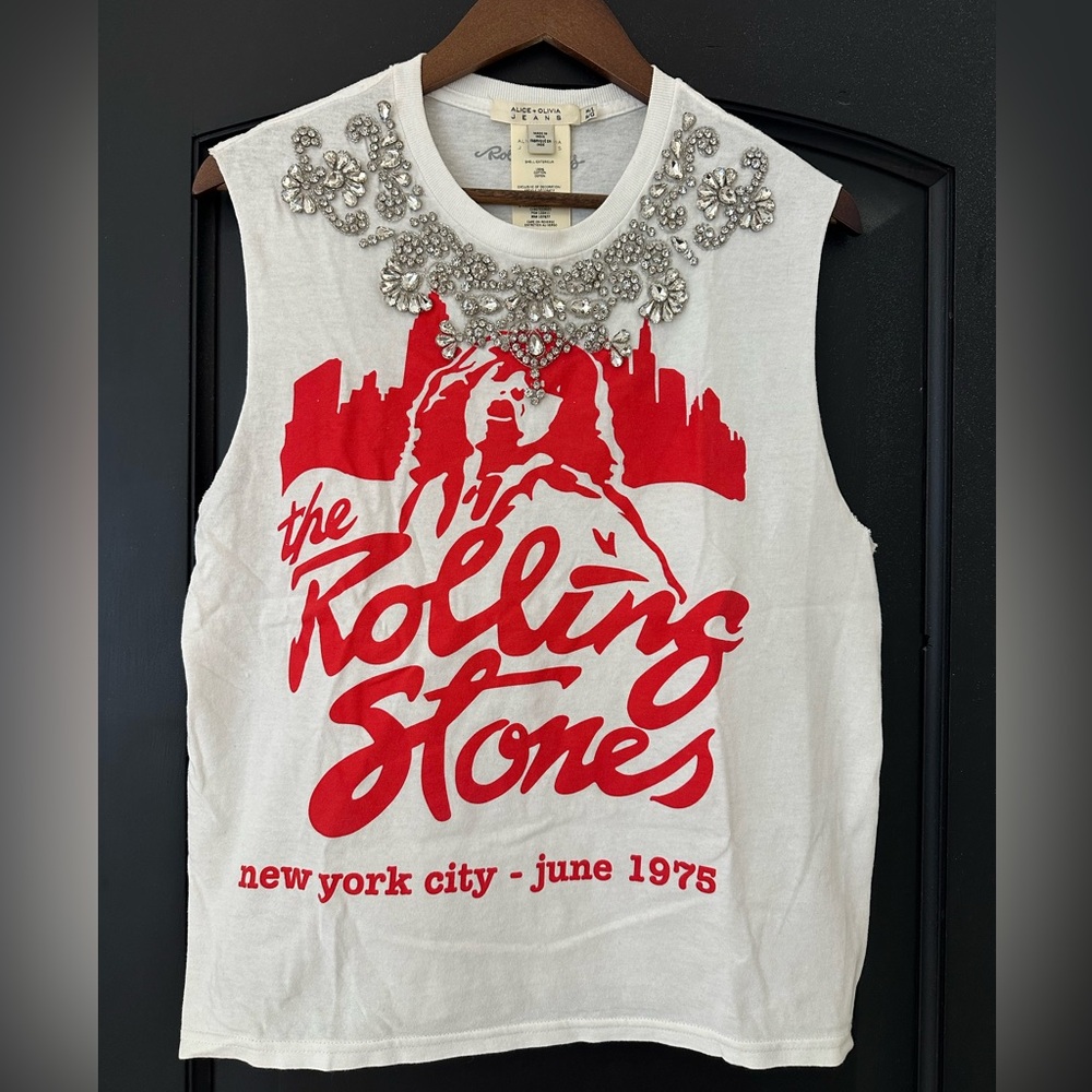 Alice + Olivia White and Red Embellished Graphic Tank Top